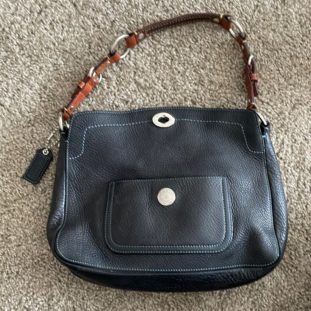 COACH BLACK PEBBLED LEATHER HAND/ SHOULDER BAG with Teal lining